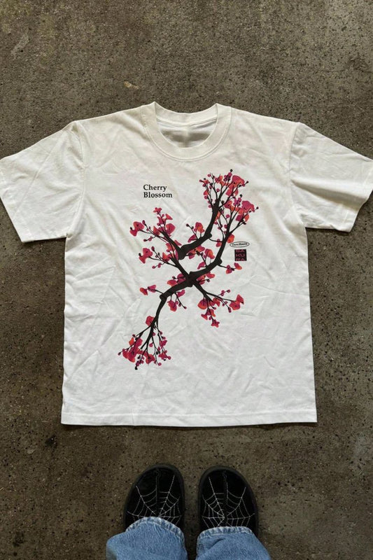 Cyber Sakura Graphic Tee – Y2K Streetwear Cherry Blossom Shirt