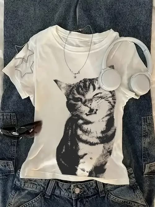 Vintage Y2K Funny Cat Baby Tee — Bold Trendy Aesthetic